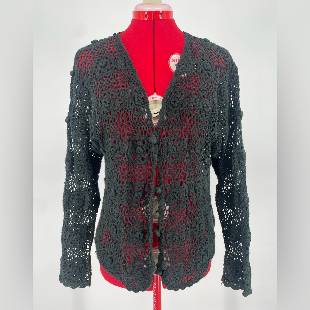 Vintage Hand Knit Gothic Black Floral Crocheted Cardigan Sweater / Open Knit - Picture 3 of 13